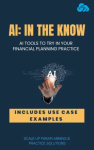 A dark blue background. The text reads AI In The Know, AI tools to try in your financial planning practice. In the centre of the image is a hand, and a finger pressing a smaller image with the letters AI on it.