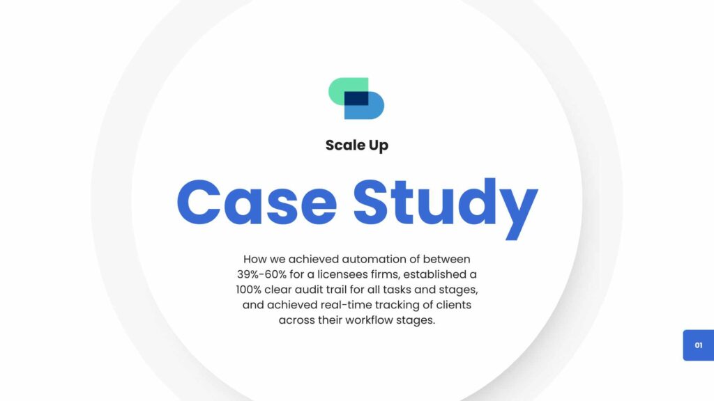 Blue text with black text underneath that explains how a client was able to automate 60% of their processes and workflow by using Scale Up